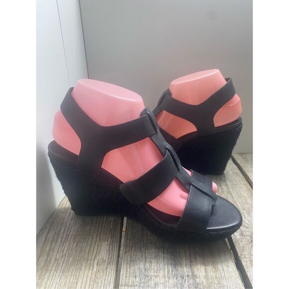 Clarks Black Leather Wedge Sandals Women’s Size 8 Strappy Espadrille Platform Sh - Picture 5 of 7